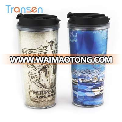 2018 Best Selling Products BPA Free Double Wall Coffee Mug Promotional Coffee Cup Insert Paper Design 450ml Plastic Travel Mug