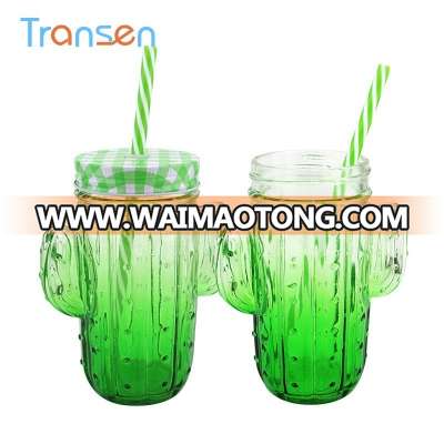 New Arrival Custom Paint Color Water Bottle Cactus Shape Glass Cup For Juice 450ml Glass Mug With Metal Lid